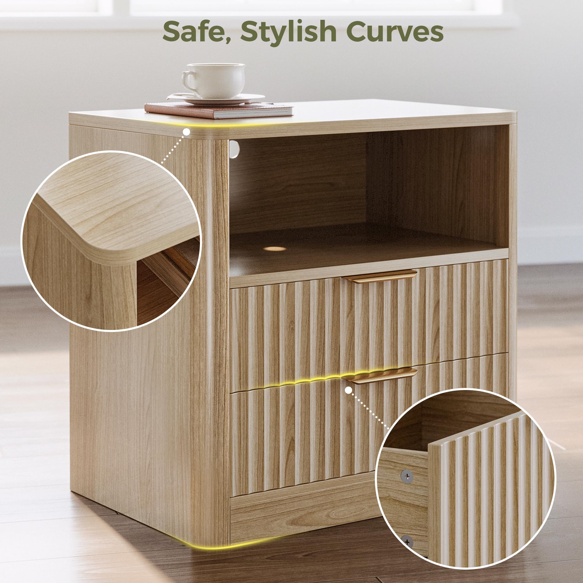 Fluted Nightstand Set with Charging Station
