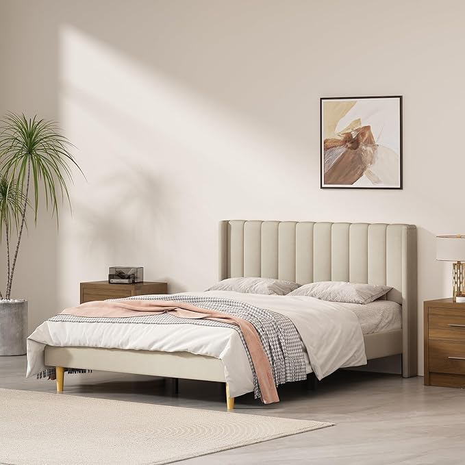 Pink Full Size Upholstered Platform Bed Frame with Wingback Headboard