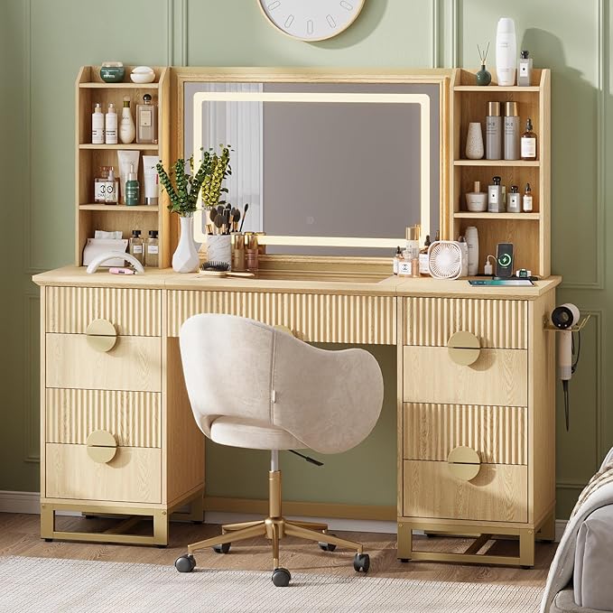 60" Fluted Vanity Desk with Mirror and Lights