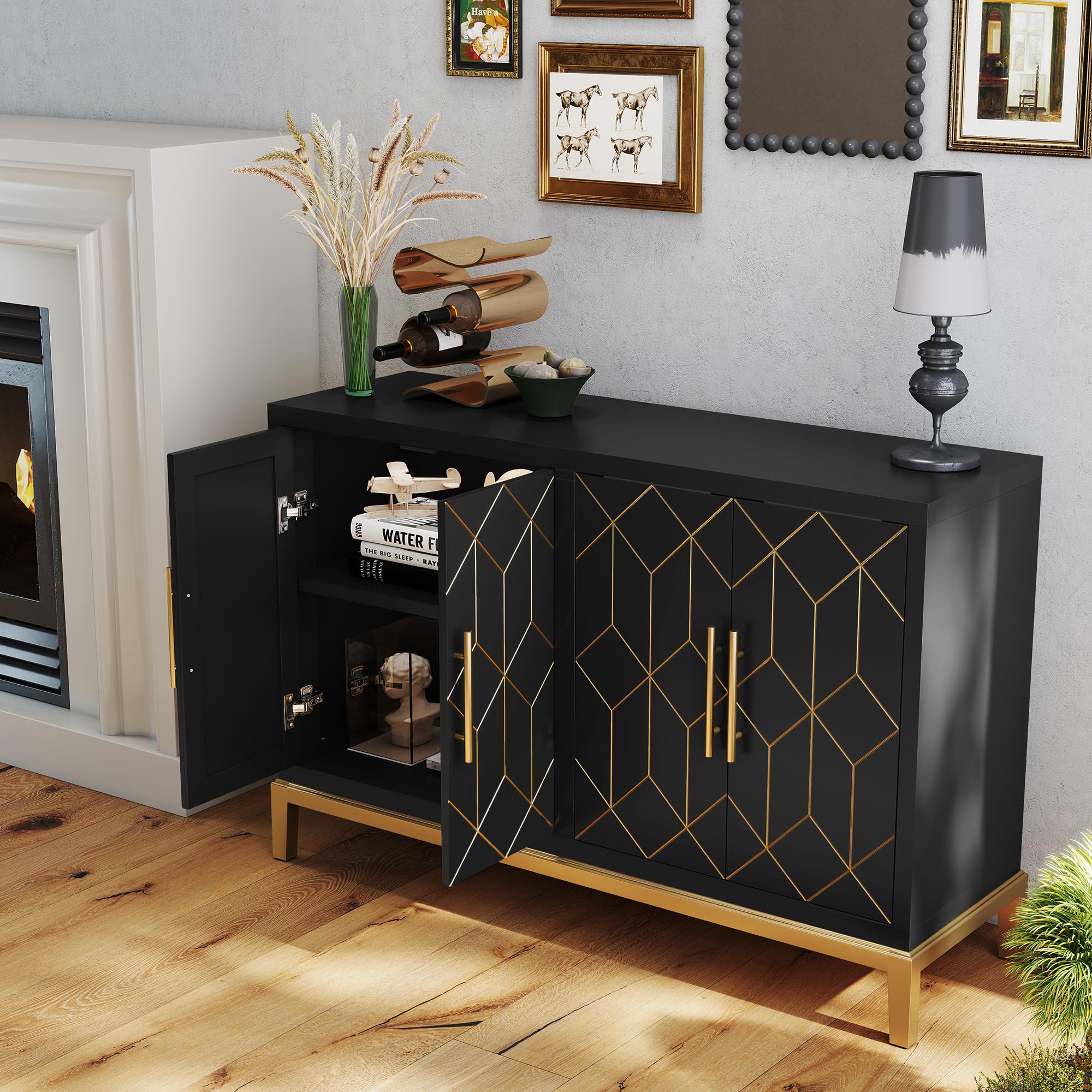 4-Door Storage Accent Cabinet with Gold Lines