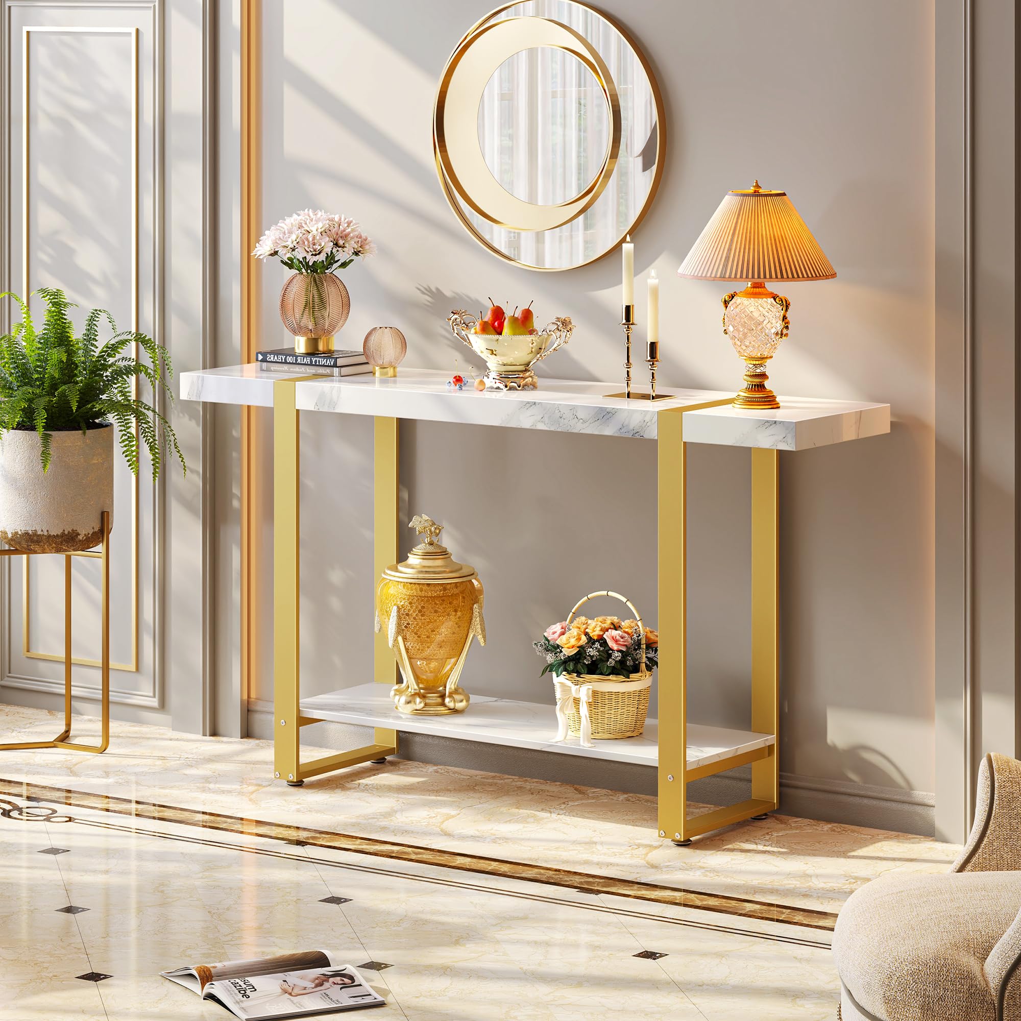 47.2 Inch Marble Top Console Table with Storage