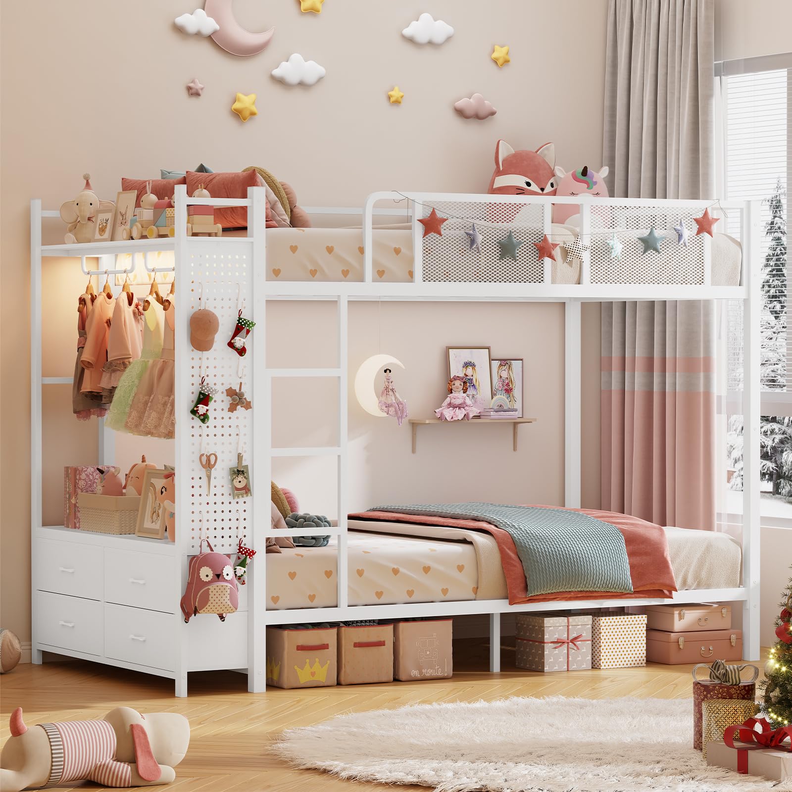 Full Metal Bunk Bed with Storage and LED Lights