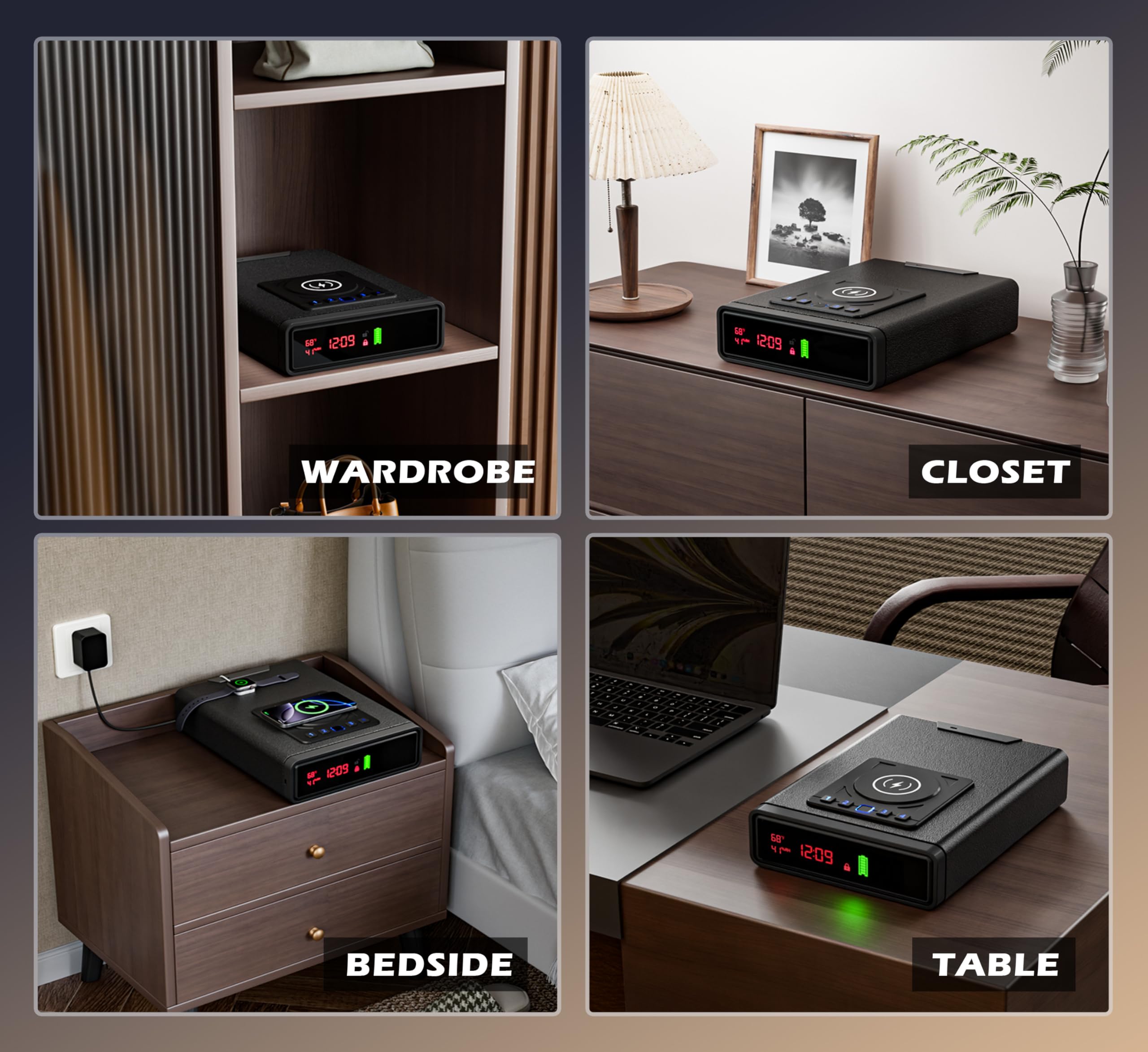 Biometric Smart Gun Safe with Wireless Charging and Digital Clock