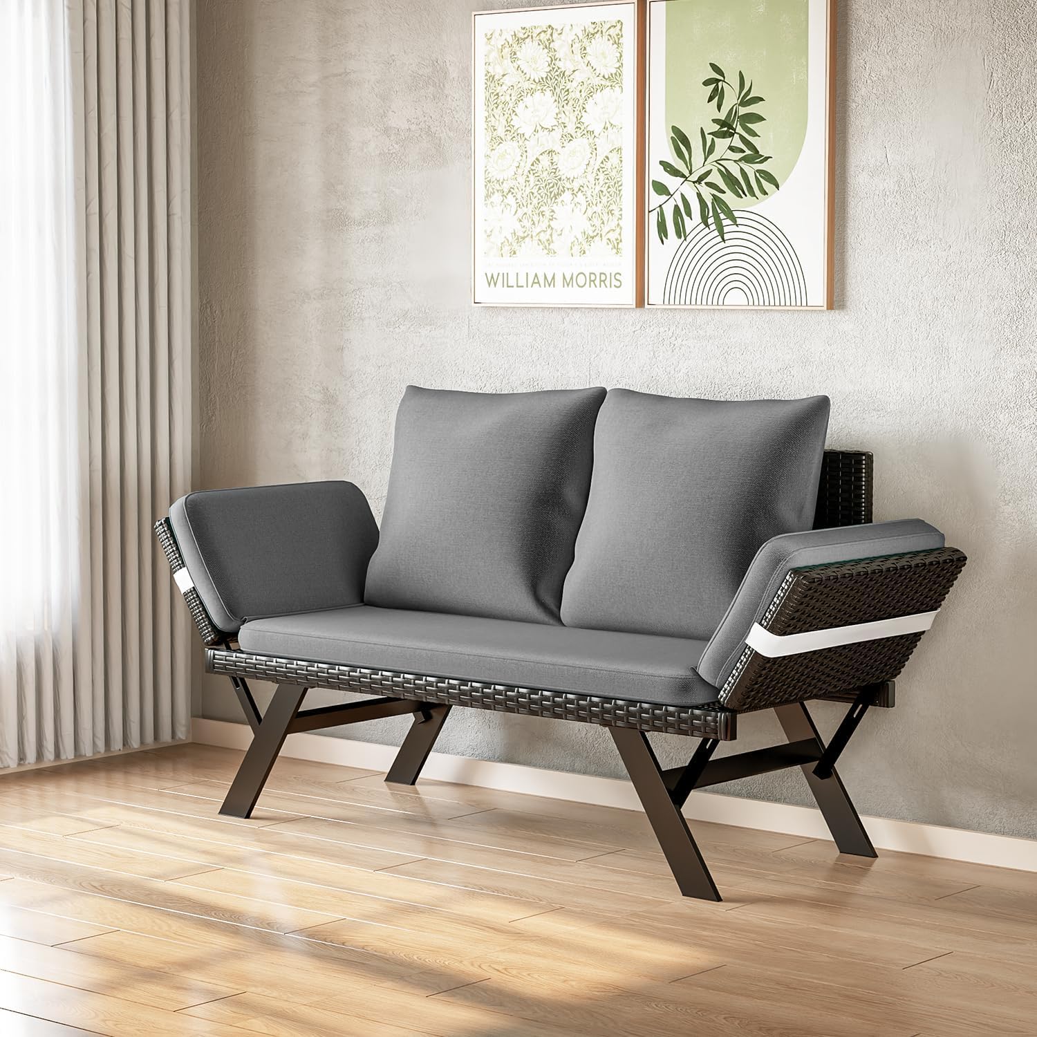 Woven Rattan Patio Loveseat with Adjustable Armrests