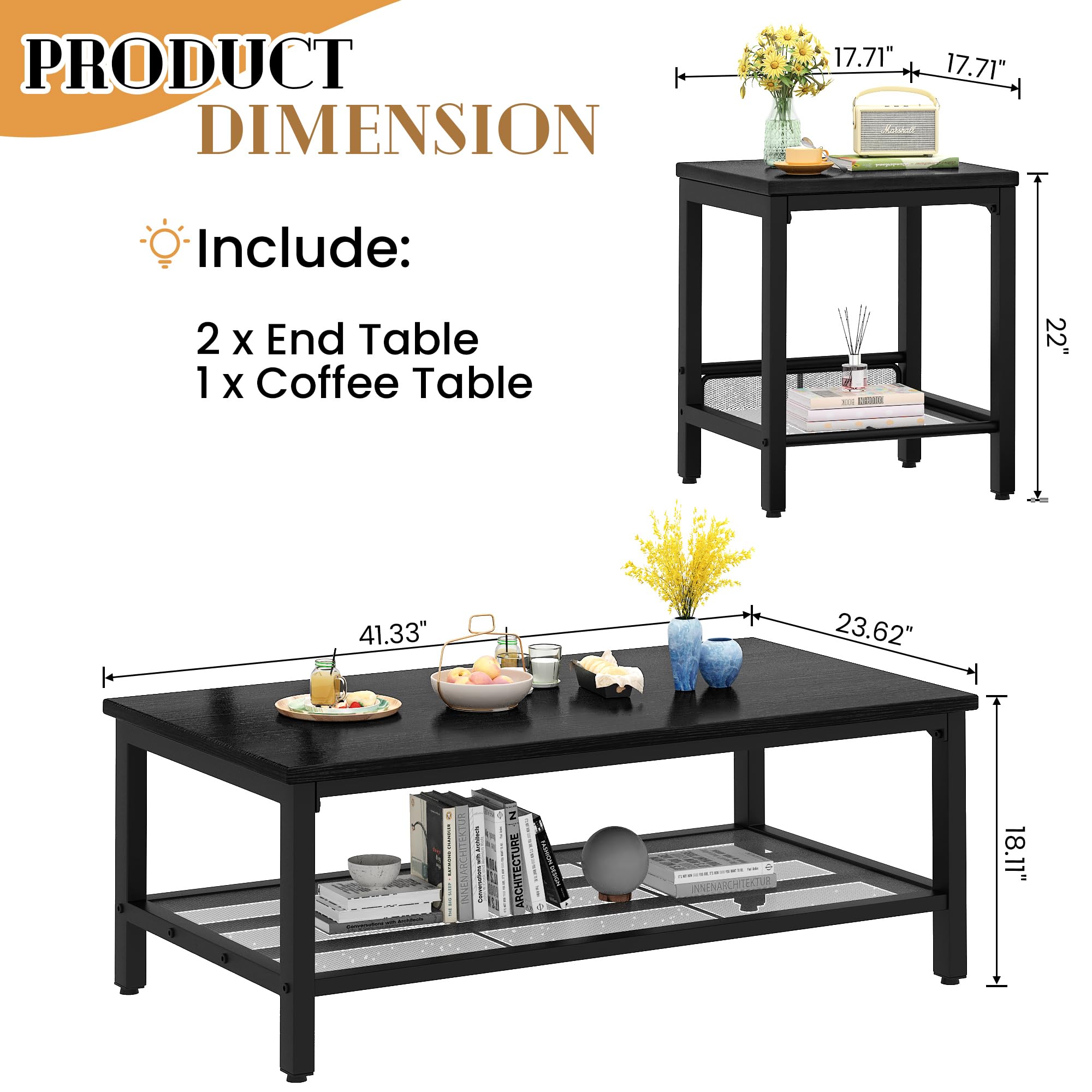 3-Piece Industrial Coffee Table Set with End Tables
