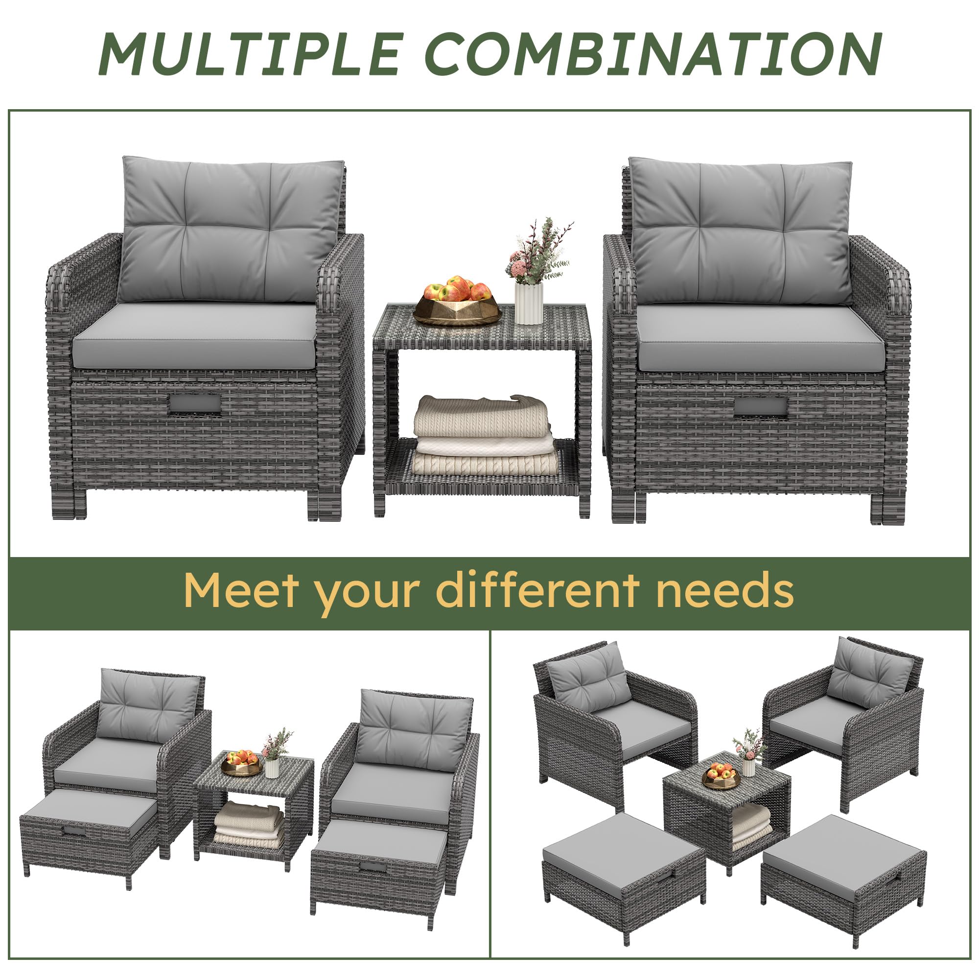 5 Piece Wicker Patio Furniture Set with Ottomans and Coffee Table
