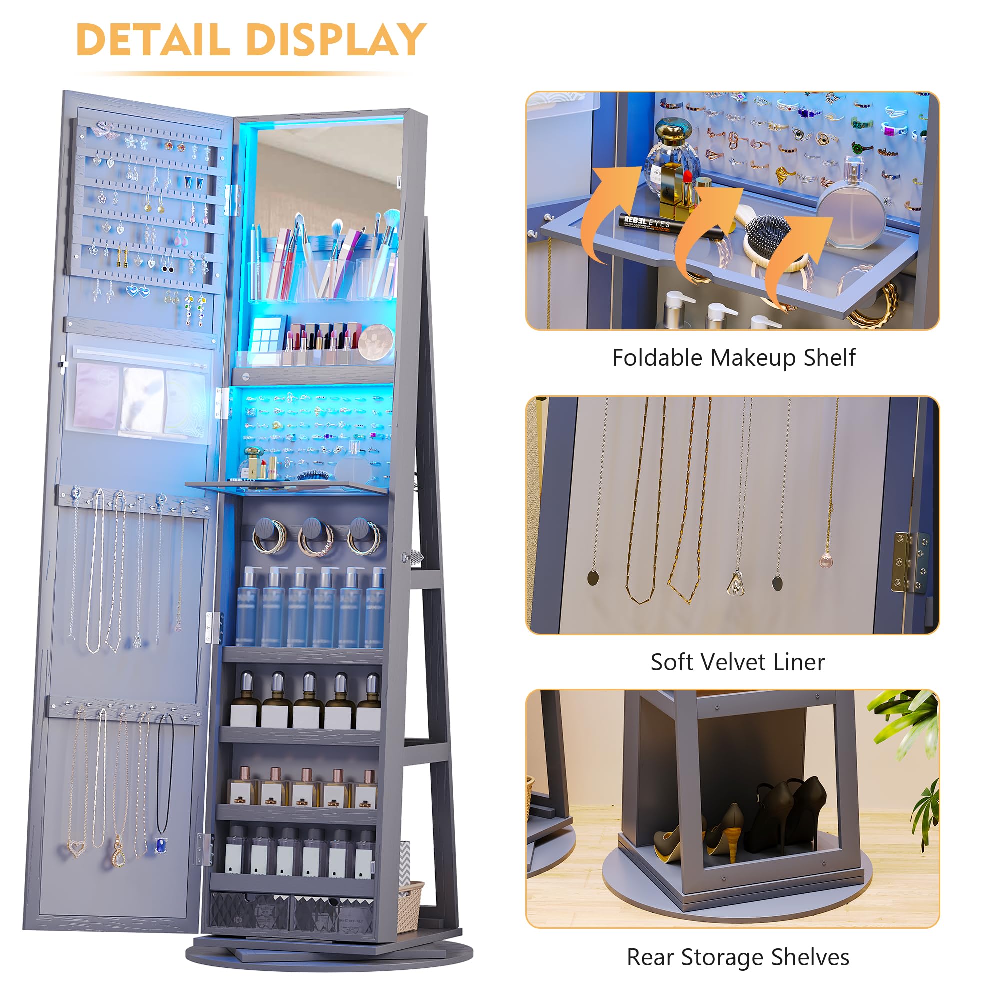 360° Rotating Full Length Mirror Jewelry Armoire with Storage