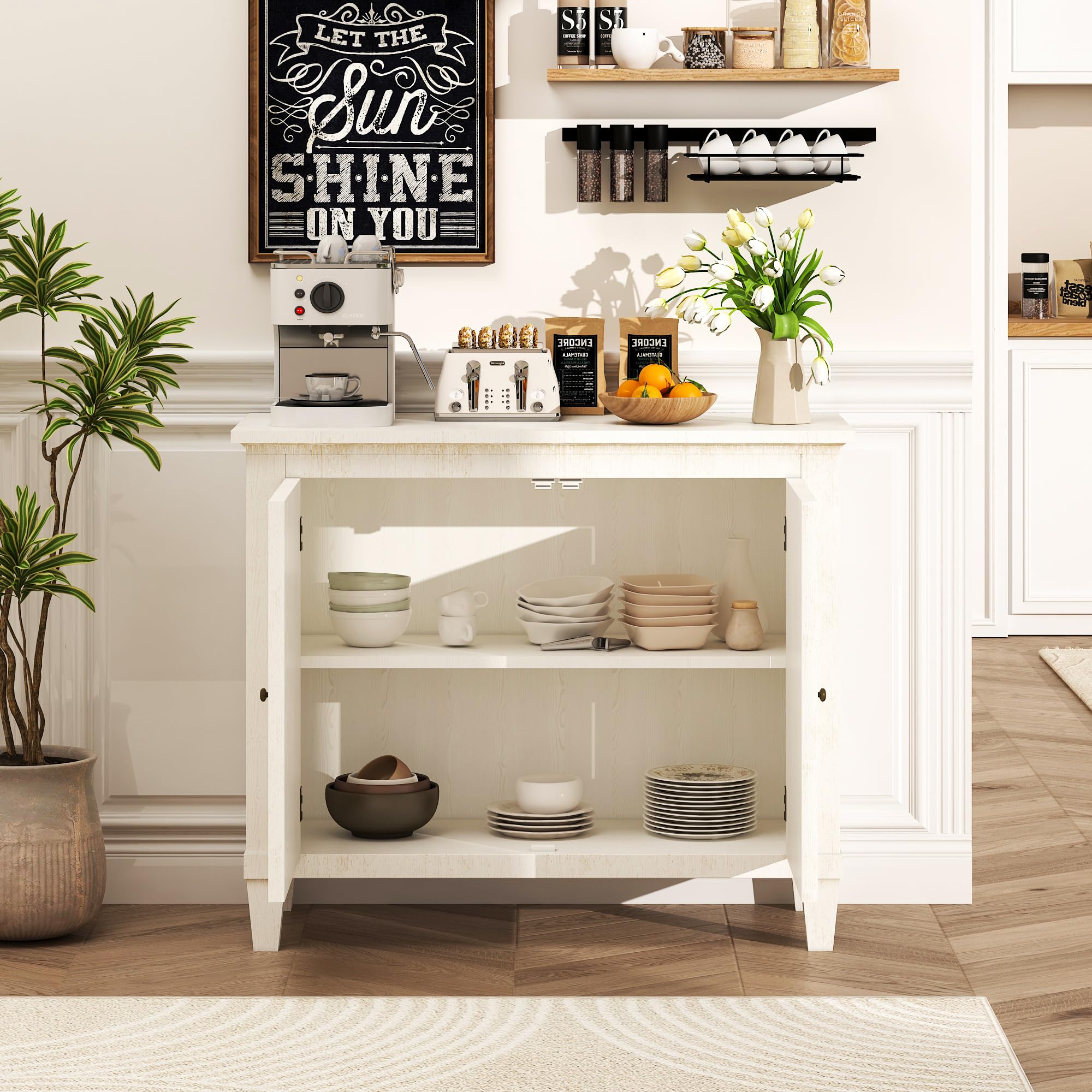 Distressed White Storage Cabinet with Carved Doors