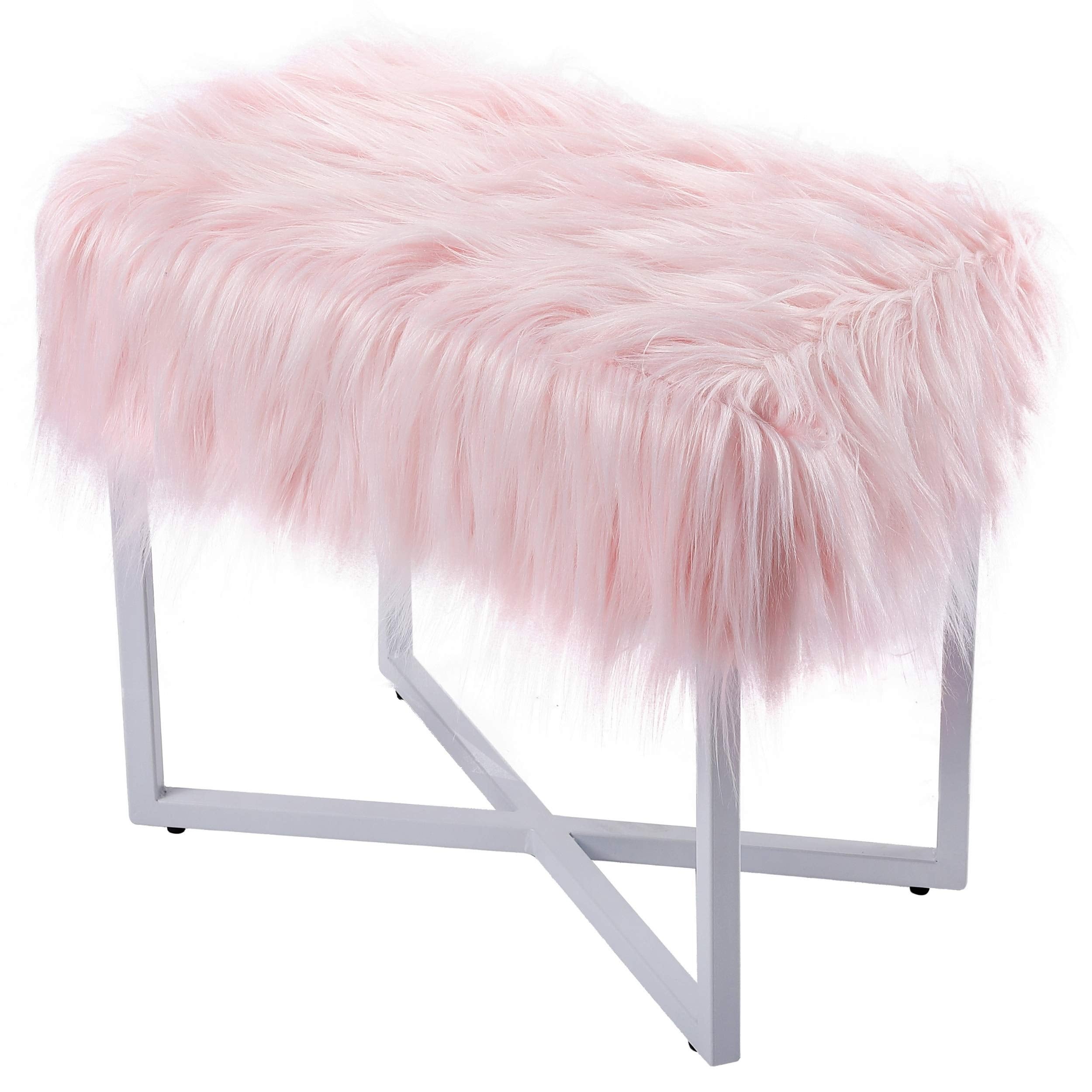Rectangular Faux Fur Vanity Stool Ottoman Pink