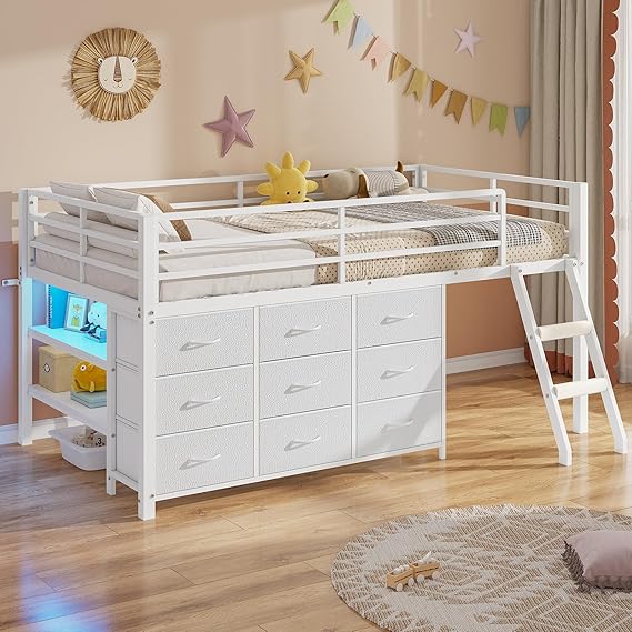 Twin Loft Bed with Storage Dresser and LED Lights