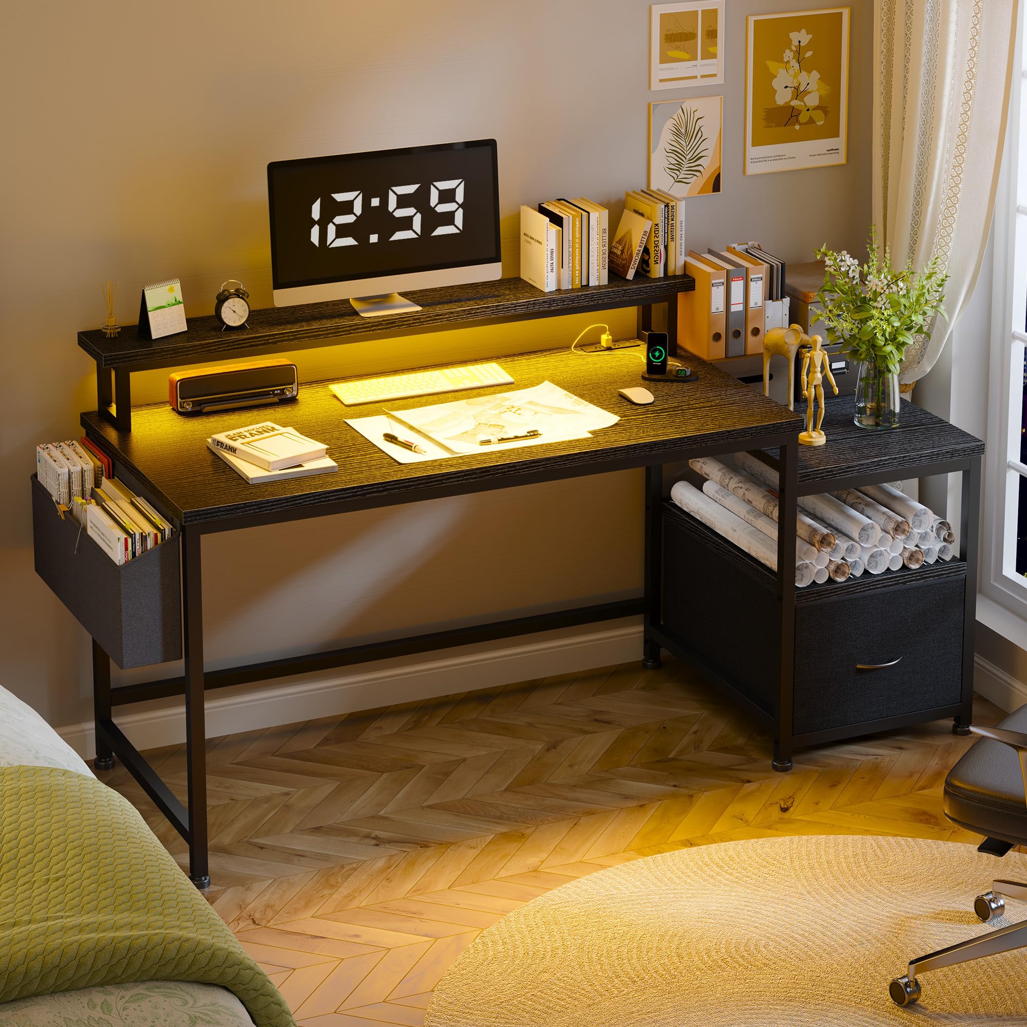 57" Computer Desk with Drawers and Power Outlets