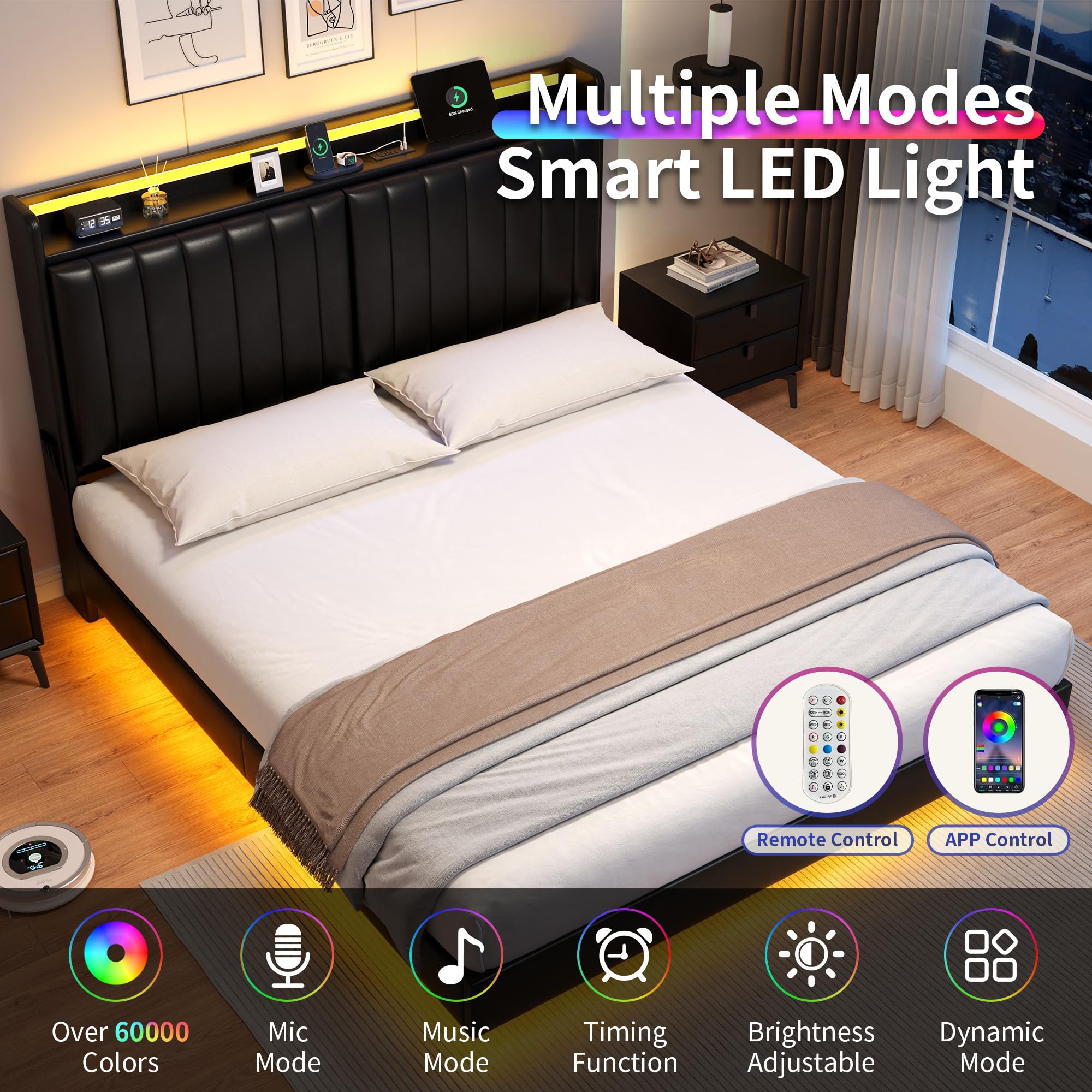 Queen Size Floating Bed Frame with LED Lights and Storage Headboard