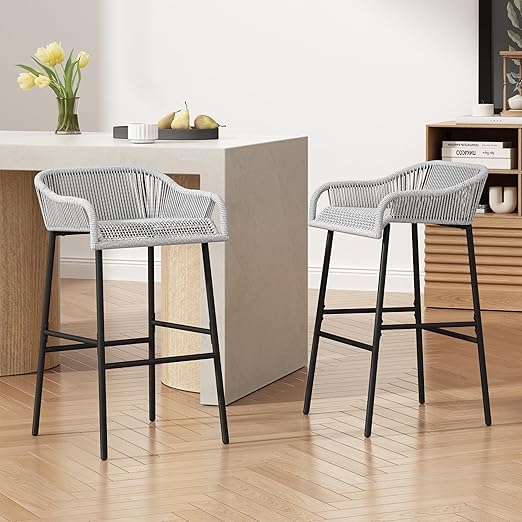 Outdoor Rope Weave Iron Barstools Set of 2