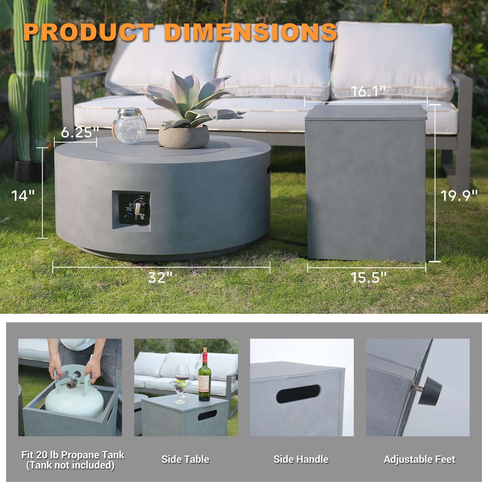 32 Inch Round Propane Fire Pit Table with Wind Guard