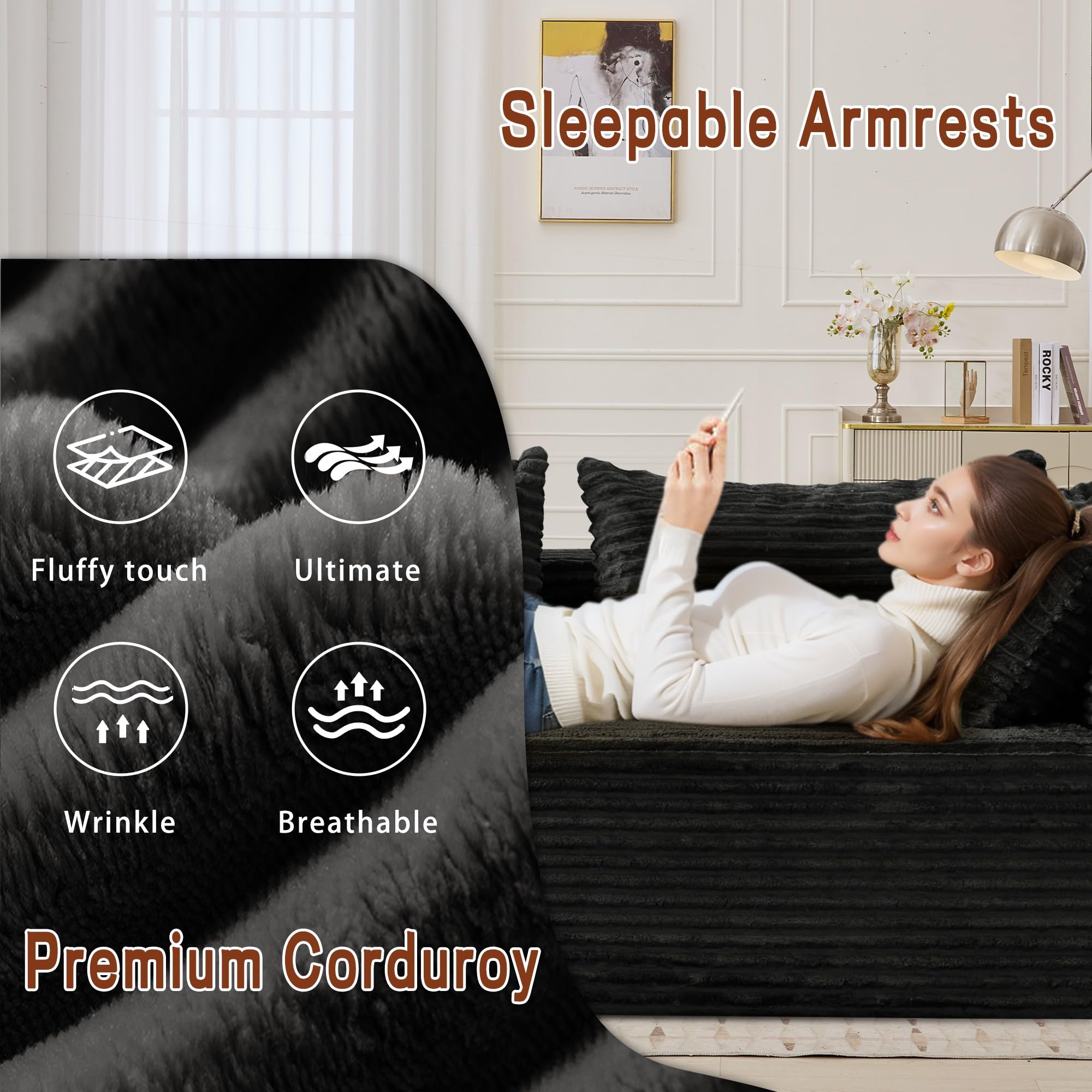 Korser 110" L-Shaped Modular Sectional Sofa with Chaise, Boneless Comfy Corduroy Fluffy Couch with Deep Seat and Side Pockets, Flexible Module Combination for Living Room, No Assembly, Side Pockets