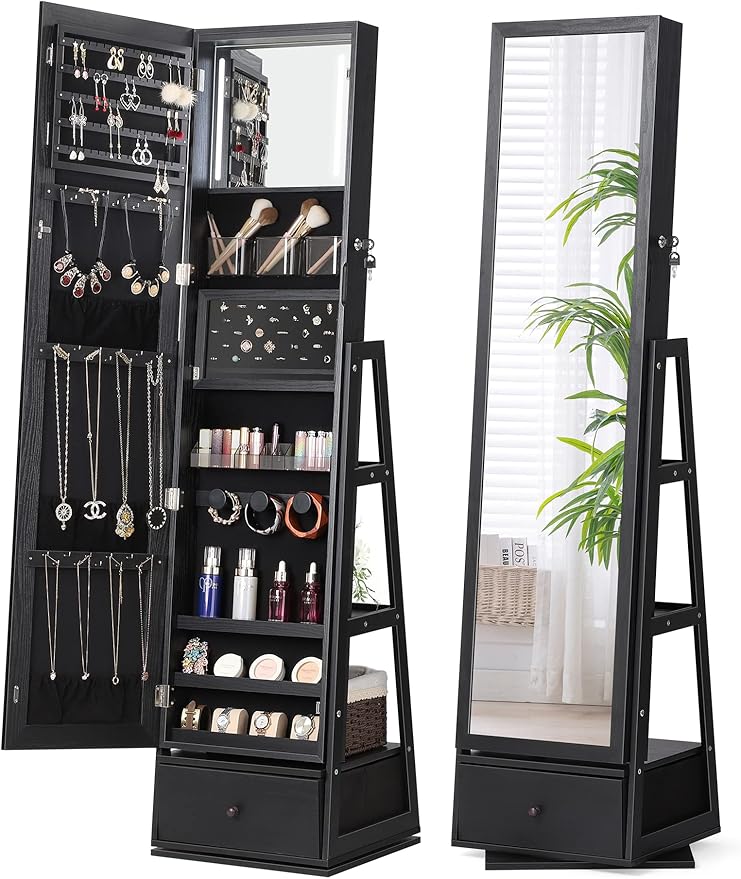 360° Swivel Jewelry Cabinet with Lights and Touch Screen Mirror