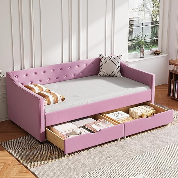 Twin Size Daybed with Two Drawers and Linen Upholstered Frame