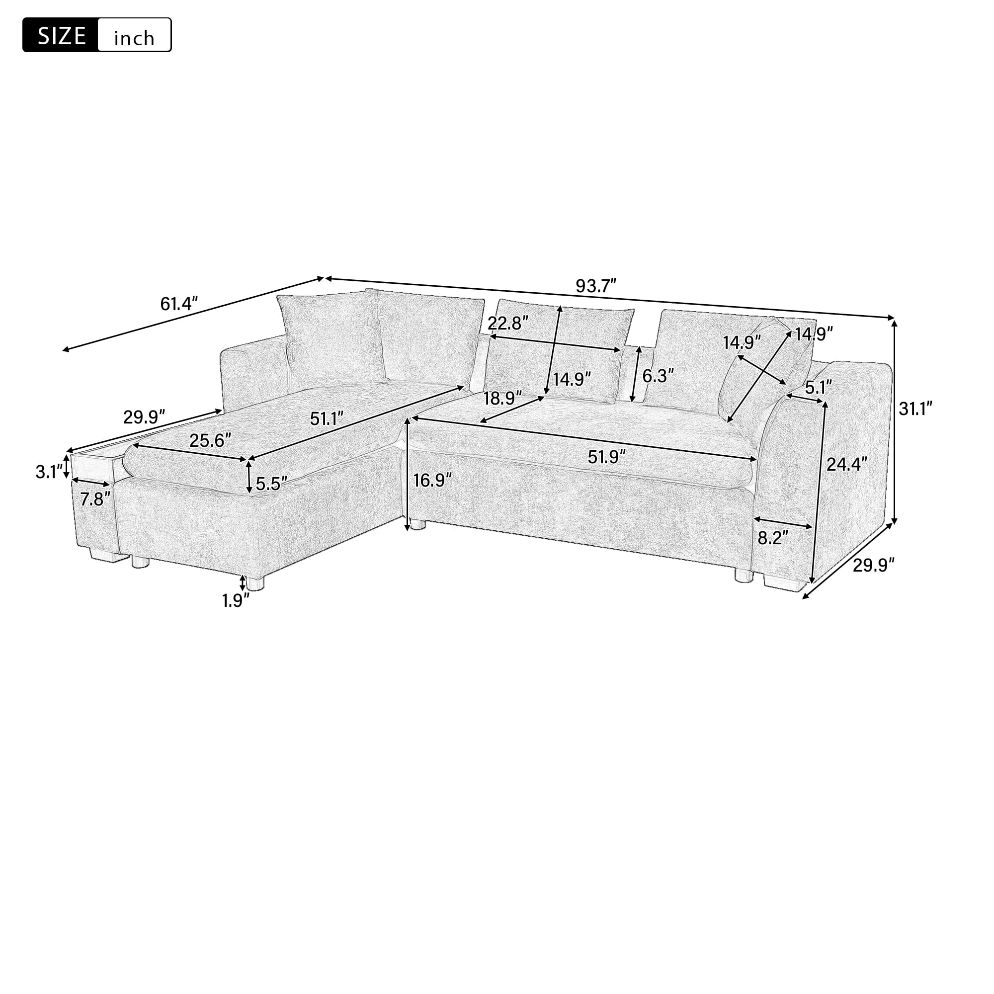 L-Shaped Sectional Sofa with Storage - 93.7" Chenille Fabric
