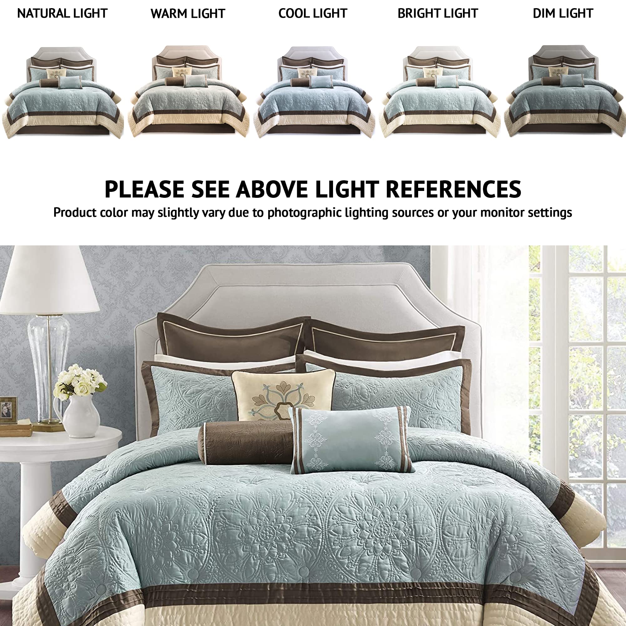 Queen Comforter Set 9 Piece - Blue Quilted Medallion Design with Bed Skirt