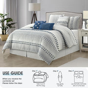 Queen Comforter Set Blue Jacquard Striped 7-Piece