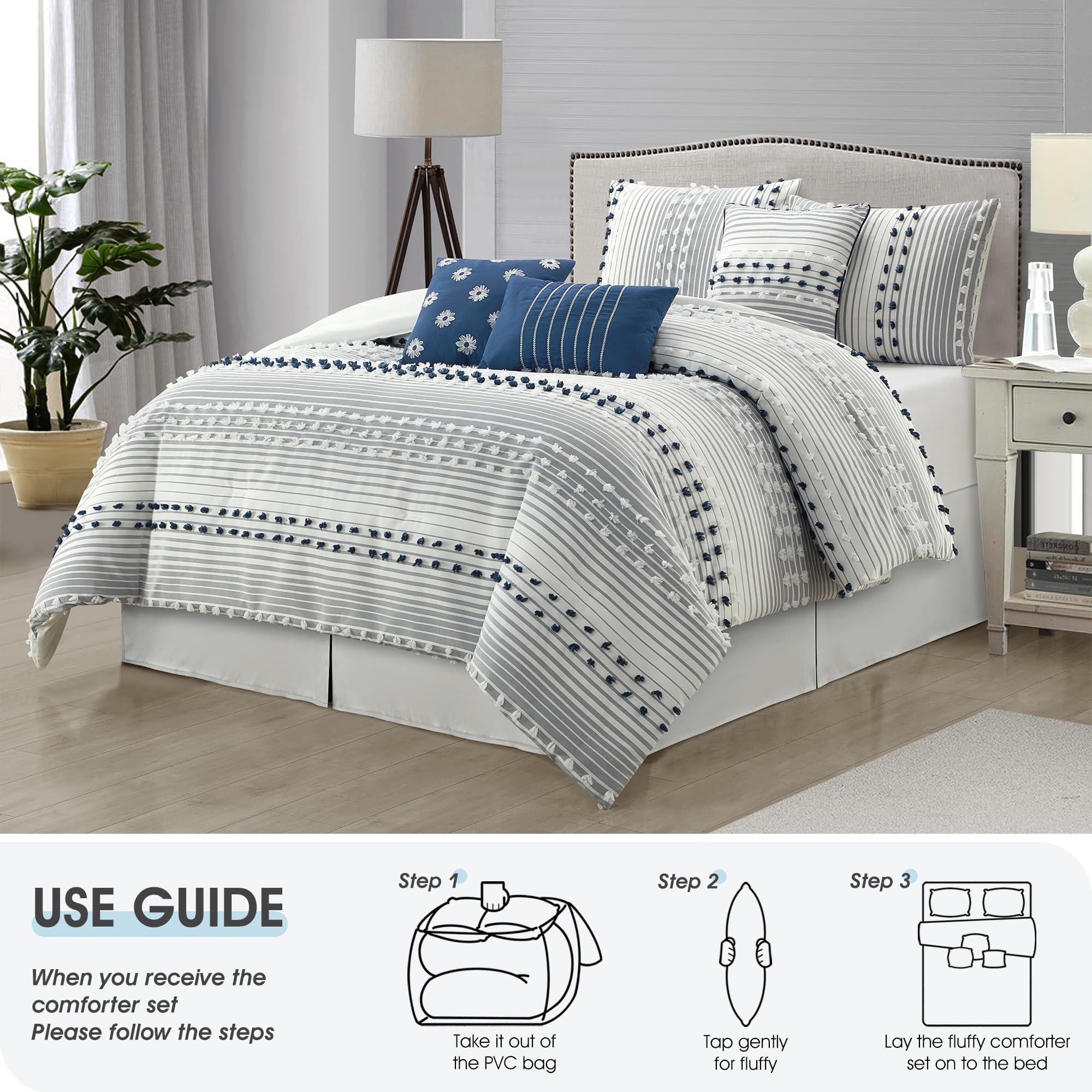 Queen Comforter Set Blue Jacquard Striped 7-Piece
