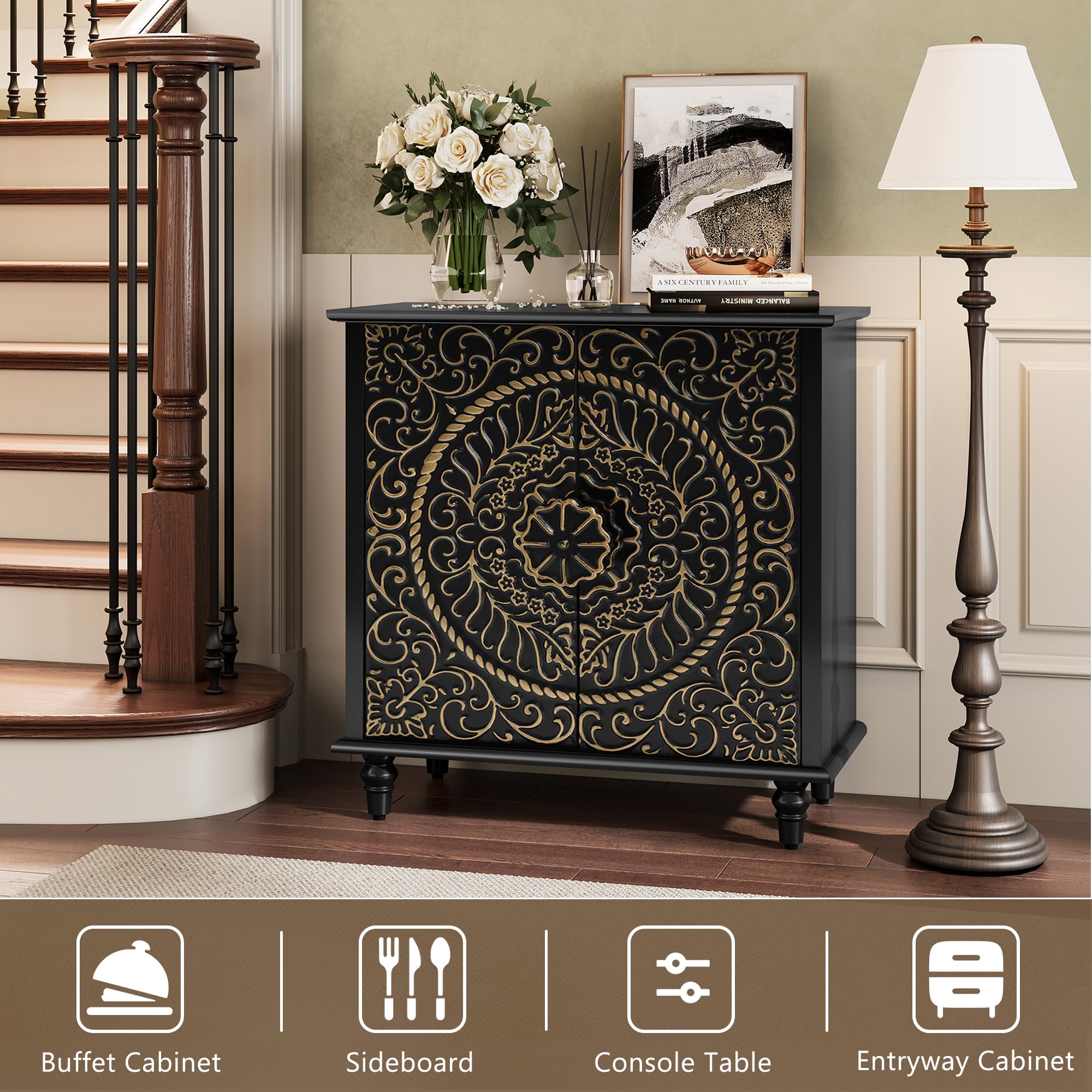 Decorative Accent Storage Cabinet with Carved Flower Pattern