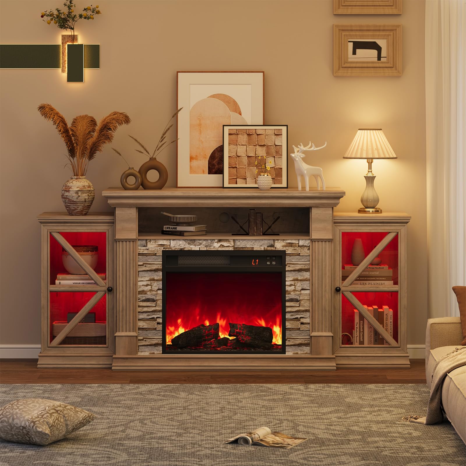 Electric Fireplace TV Stand 70" Farmhouse Entertainment Center