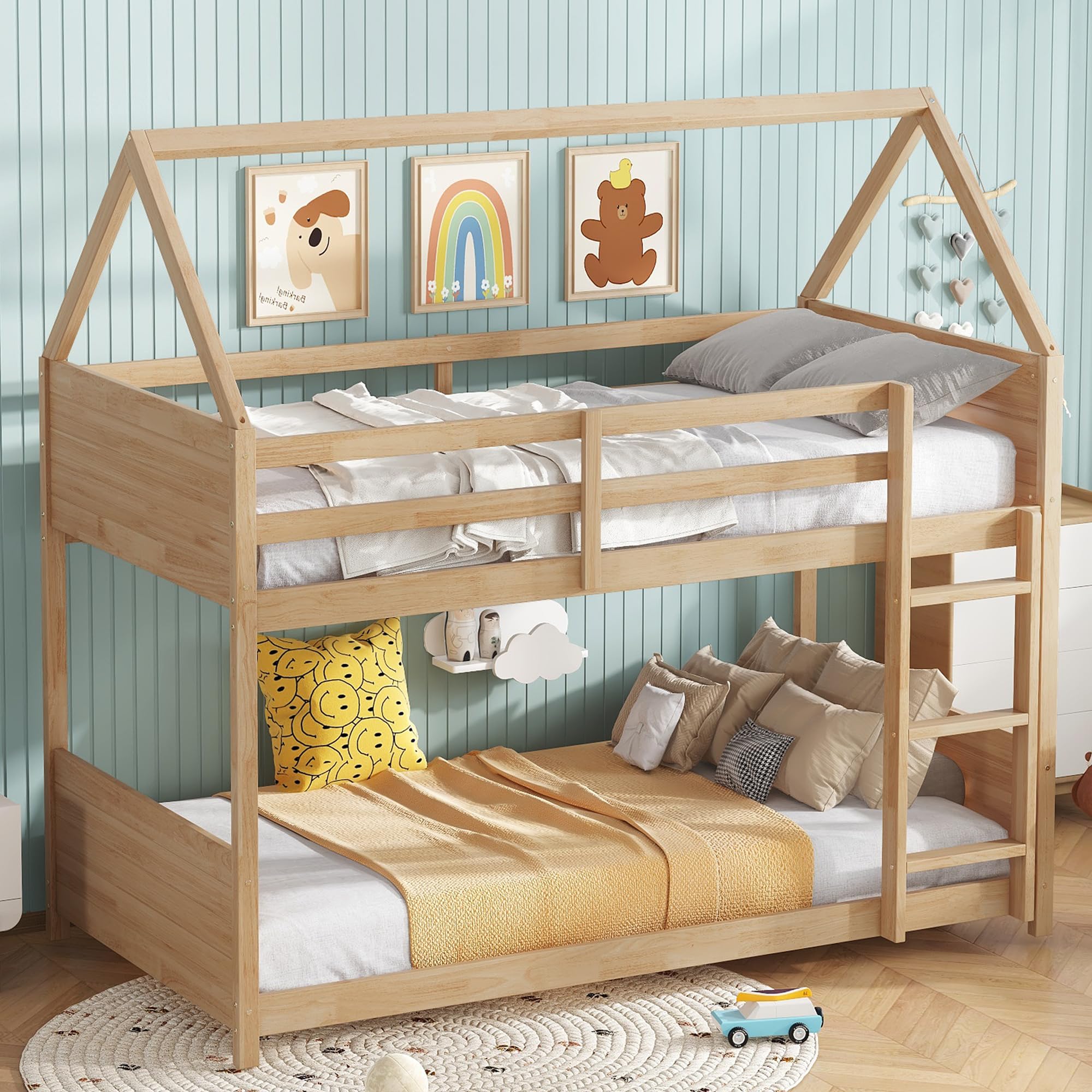 Twin Over Twin House Bunk Bed with Ladder