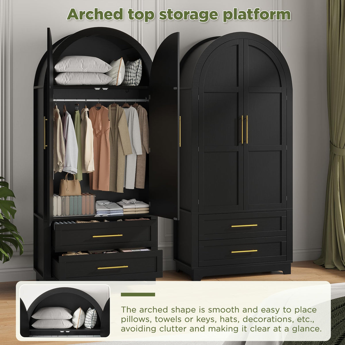 Modern Wardrobe Closet with 2 Drawers and Arched Doors
