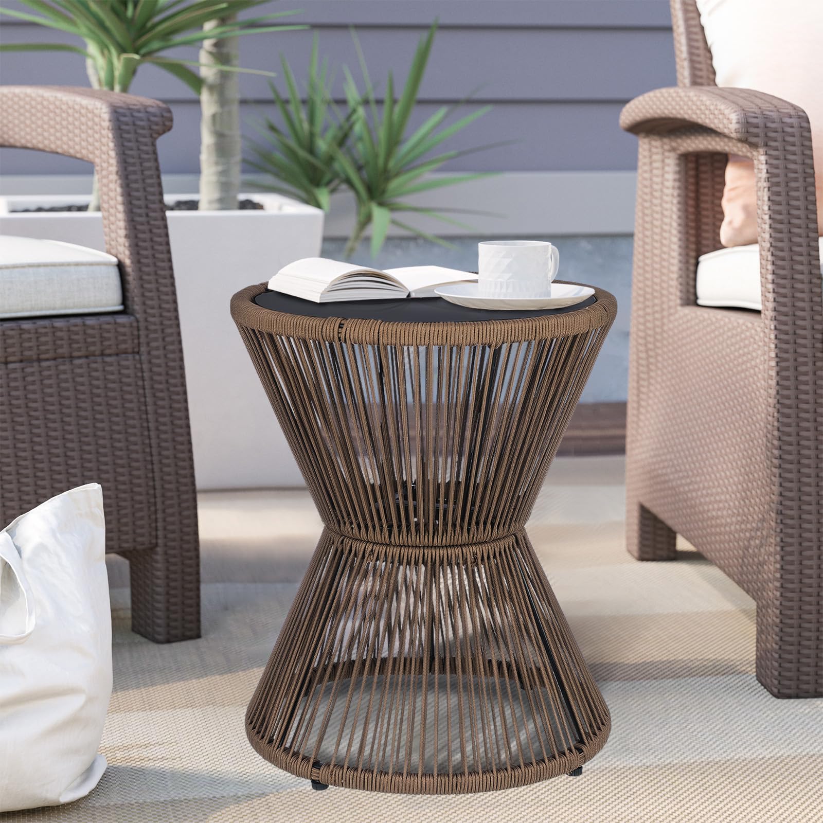 Woven Rope Side Table with Glass Top
