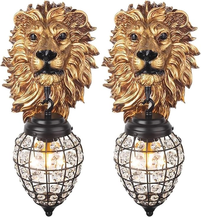 Vintage Gold Lion Wall Sconces Set of 2 with Crystal Beaded Shade