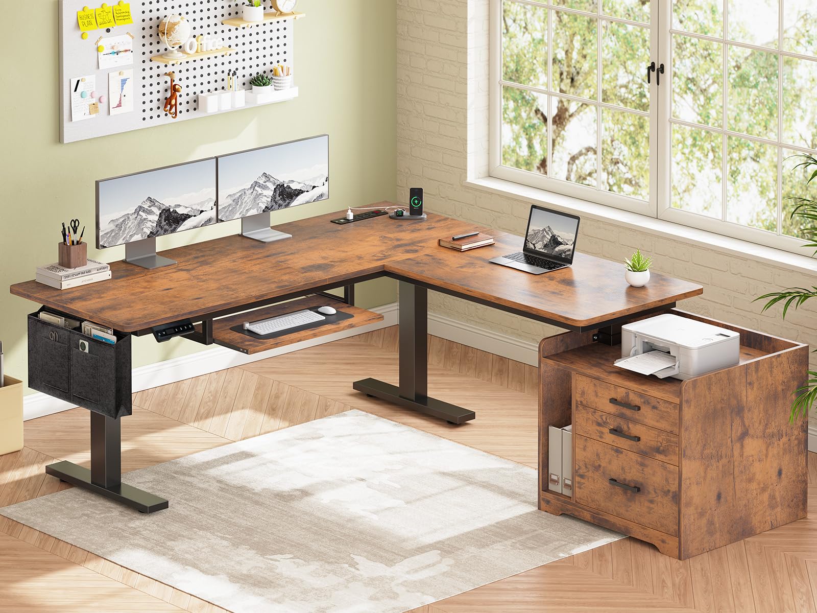 L-Shaped Electric Standing Desk with File Cabinet 63x53