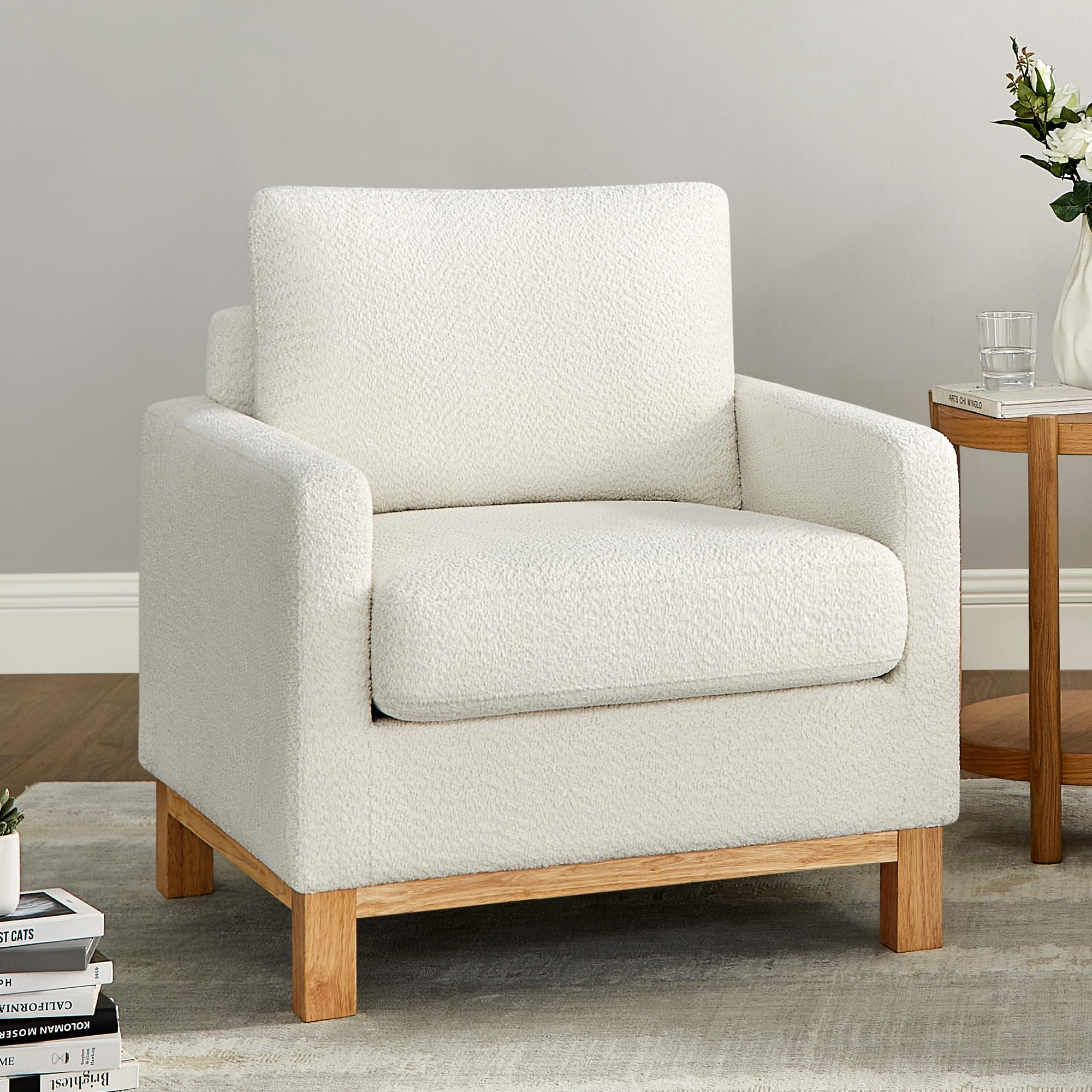 VANOMi Accent Chair 29.5" Reading Chair, Modern Living Room Chair with Thick Cushion&Wood Base, Comfy Upholstered Boucle Armchair, Single Sofa for Bedroom, Office, White