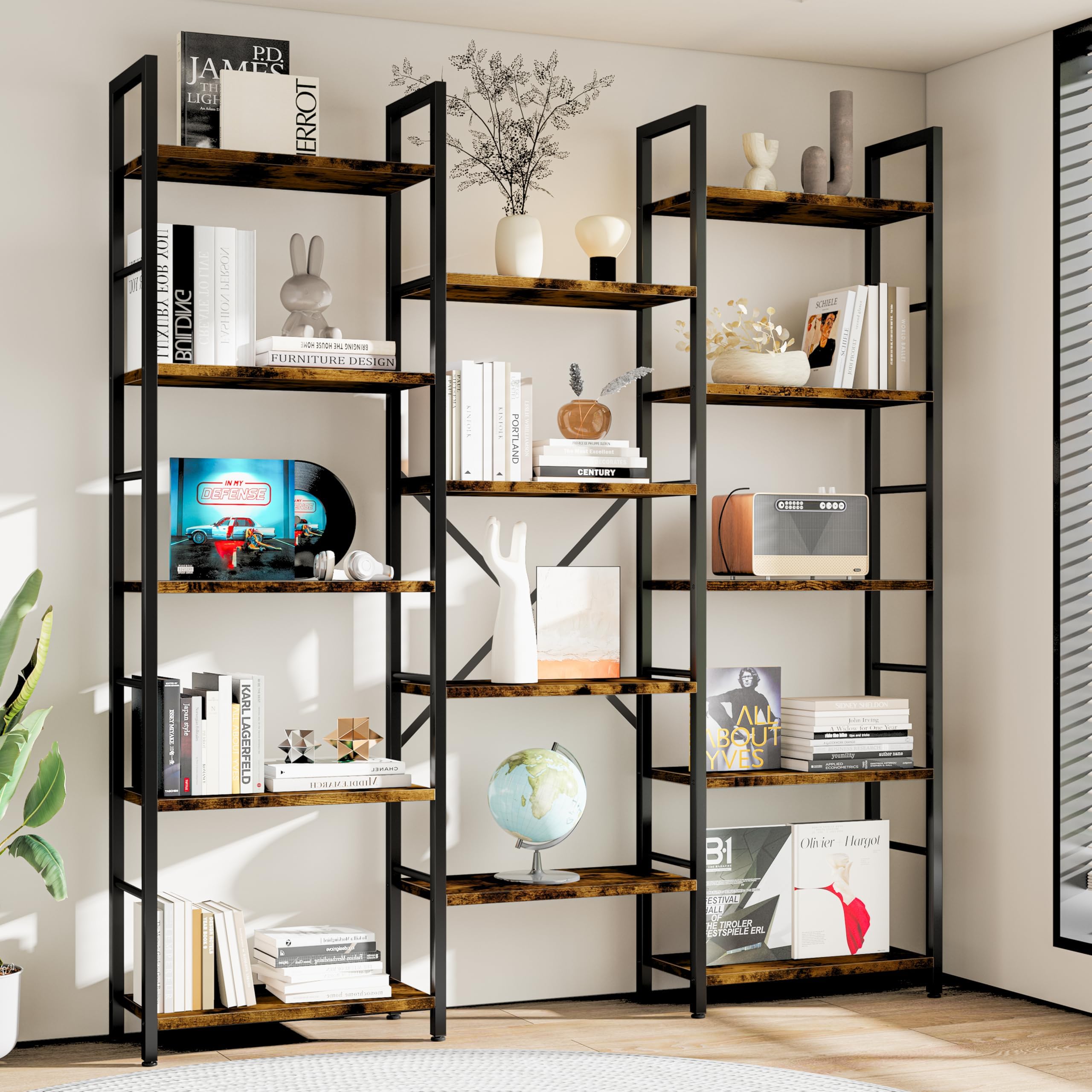 Triple Column 5-Tier Industrial Bookshelf