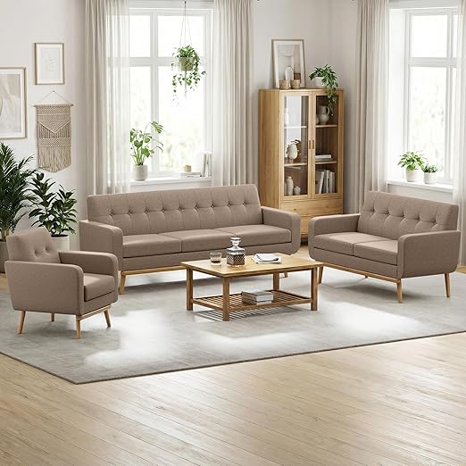 Button Tufted Living Room Set - 3 Piece Upholstered Sofa Collection