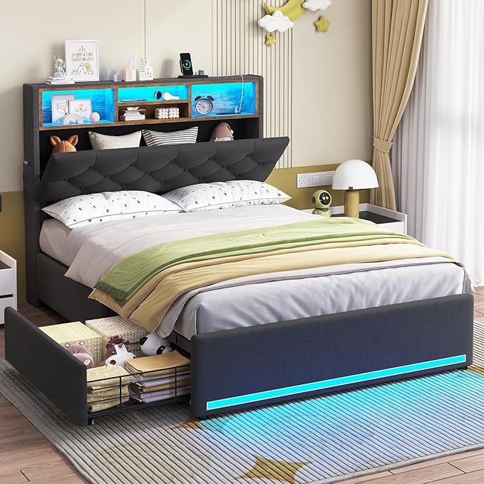 Full Size Bed Frame with LED & Storage