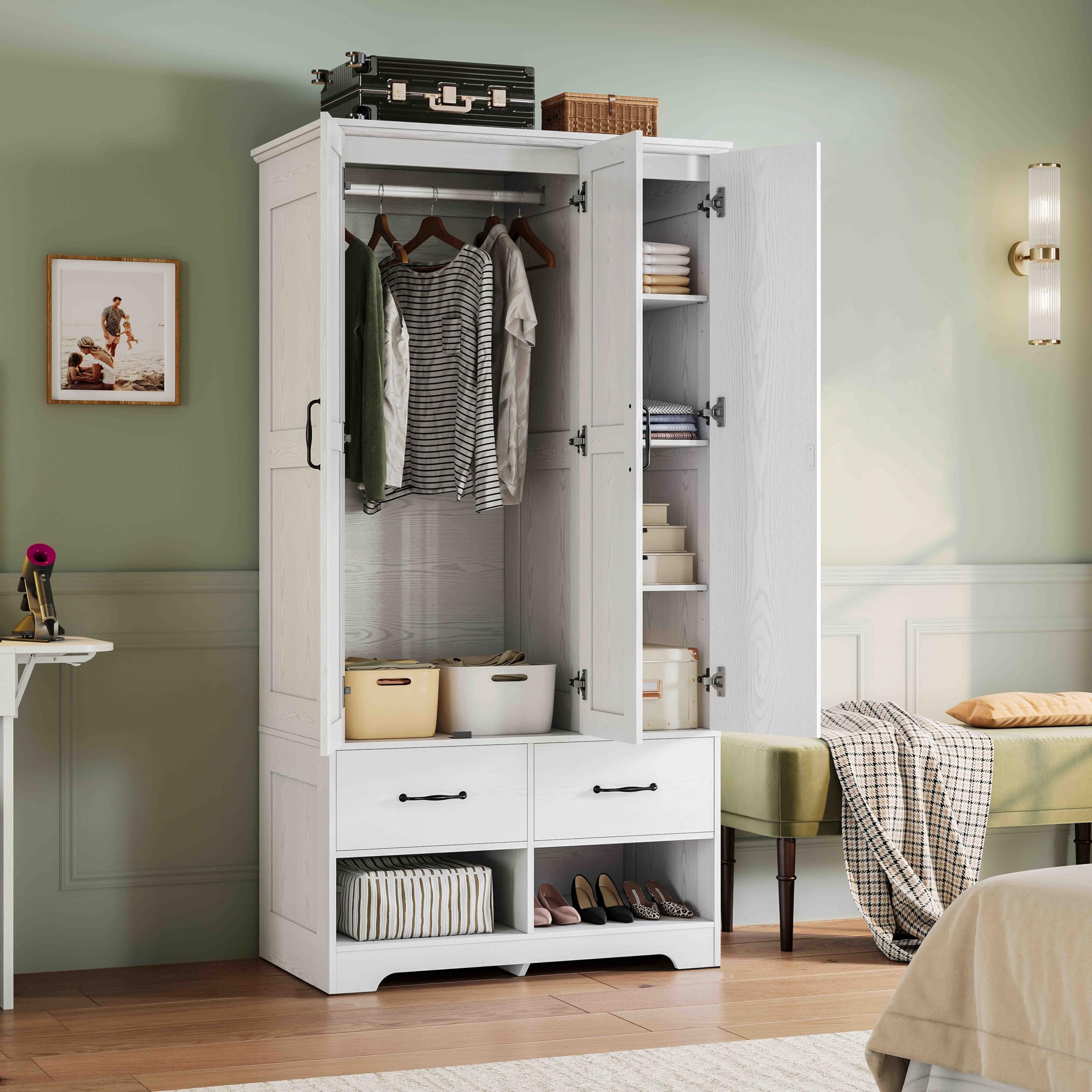 3-Door Armoire Wardrobe Closet with Mirror and Shoe Racks