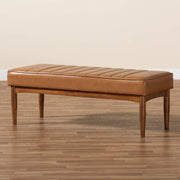 Mid-Century Modern Tan Faux Leather Dining Bench