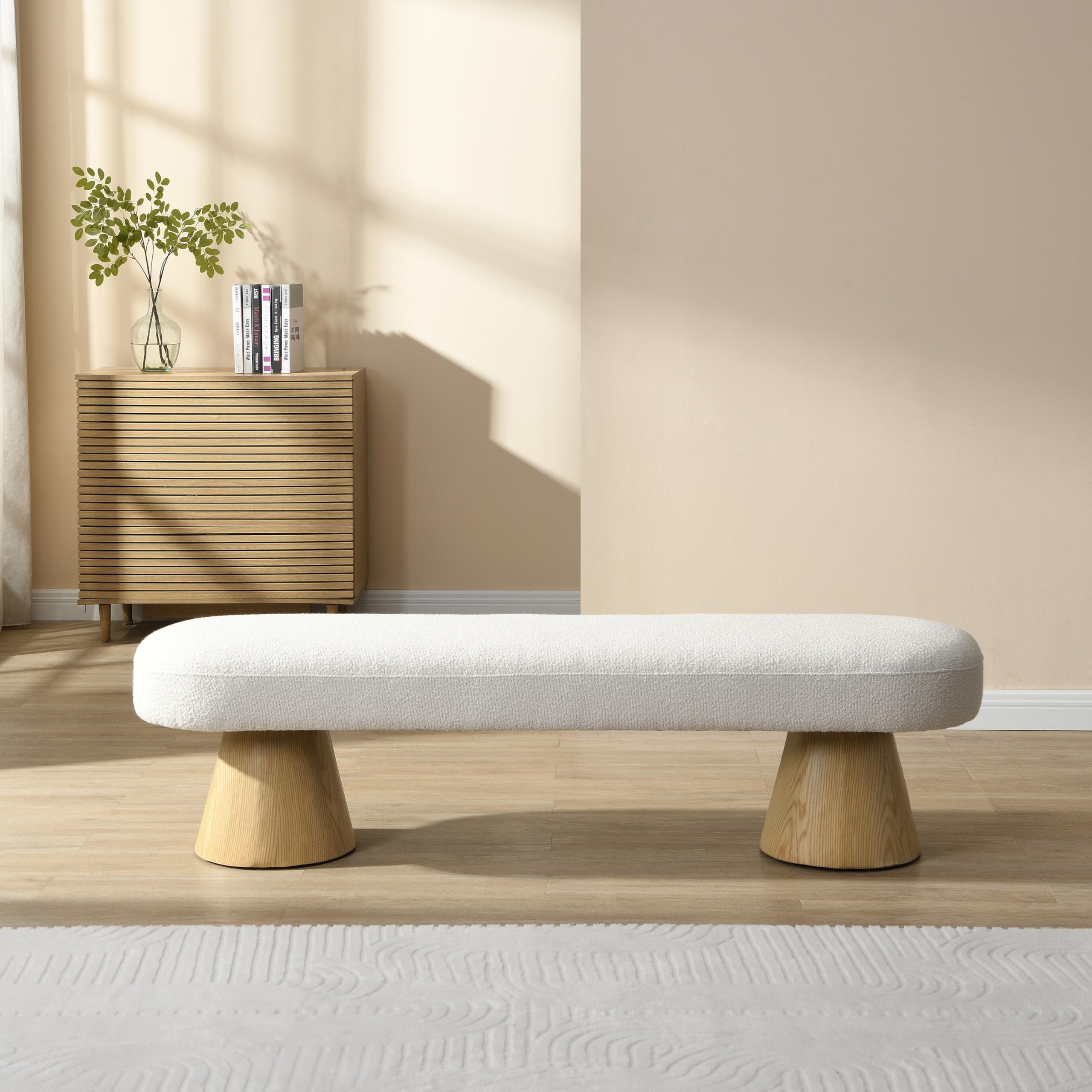 64" Oval Boucle Dining Bench Beige