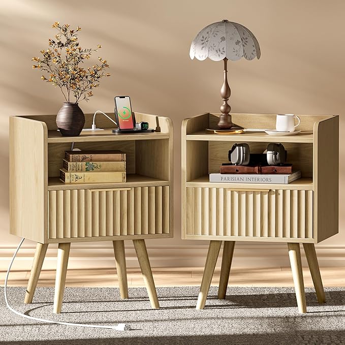 Fluted Nightstand with Charging Station and Drawer