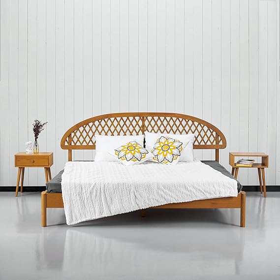Wooden Bed Frame with Headboard and Natural Rattan King