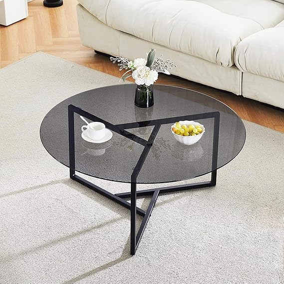 Round Tempered Glass Coffee Table with Metal Frame