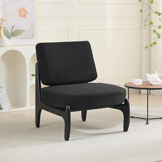 Mid-Century Linen Accent Chair with Solid Wood Base