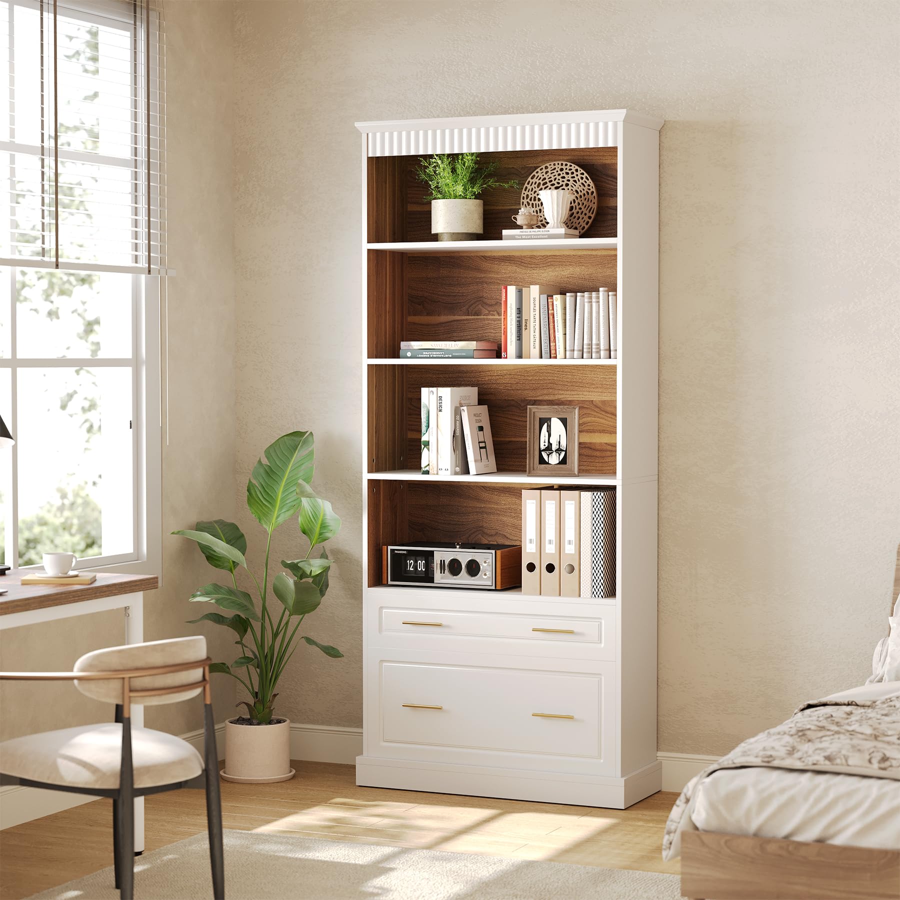 5-Tier Tall White Bookcase with Drawers