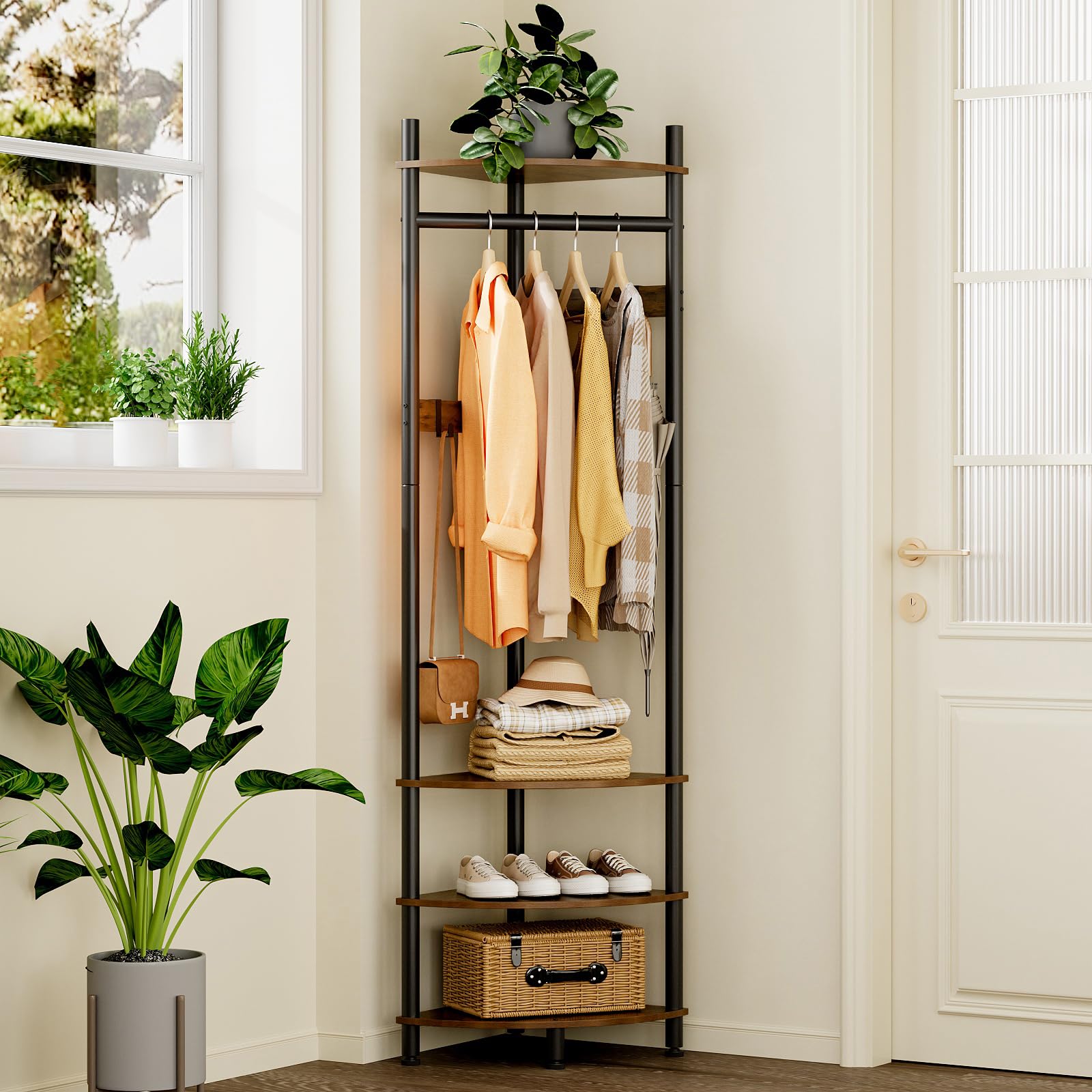 Corner Hall Tree with Shoe Rack and 6 Hooks