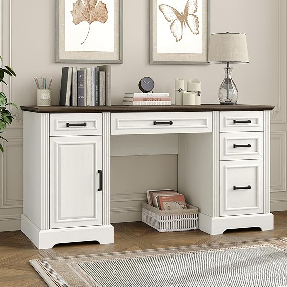 76" Farmhouse Executive Desk with Hutch and Charging Station