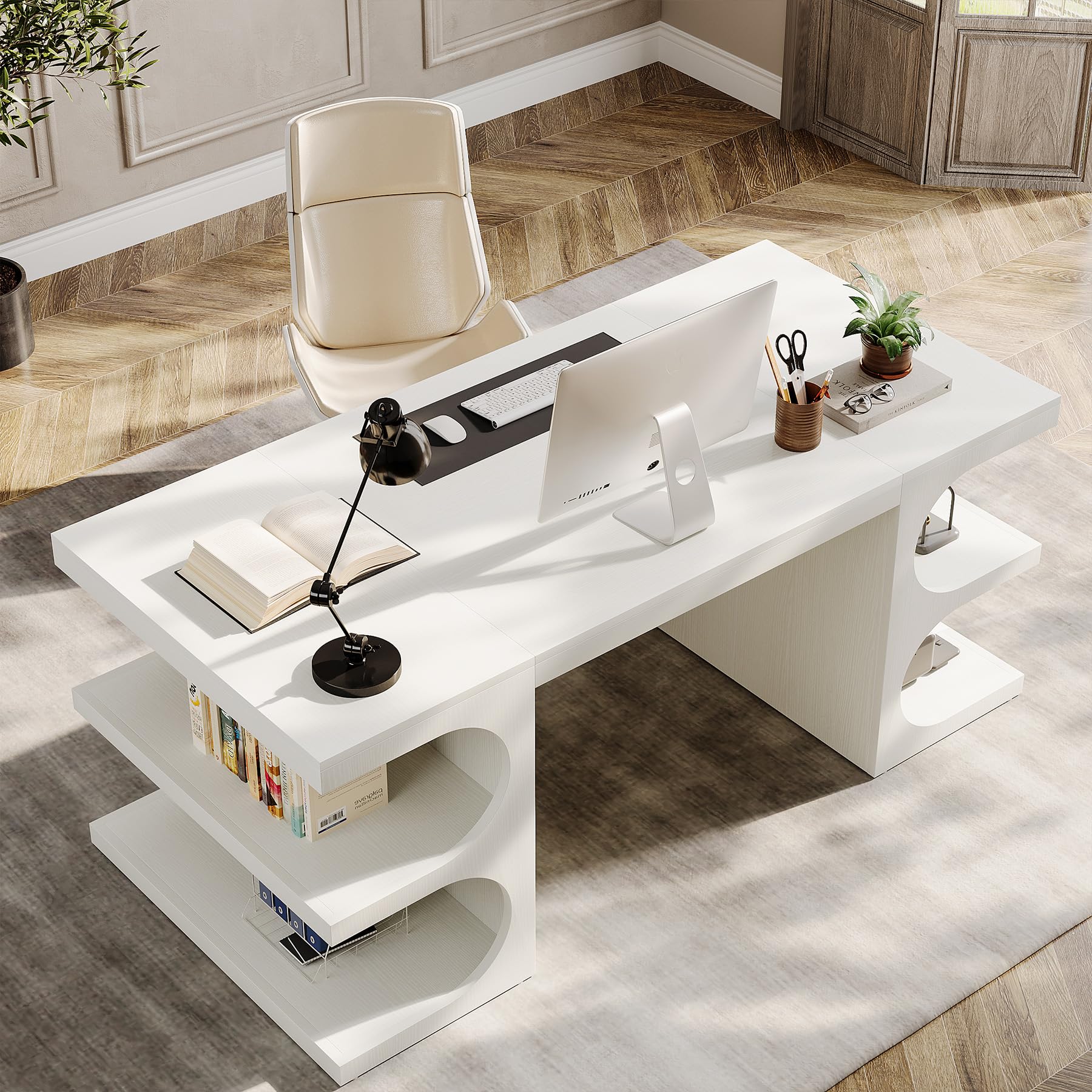63 Inch White Executive Office Desk with Storage Shelves