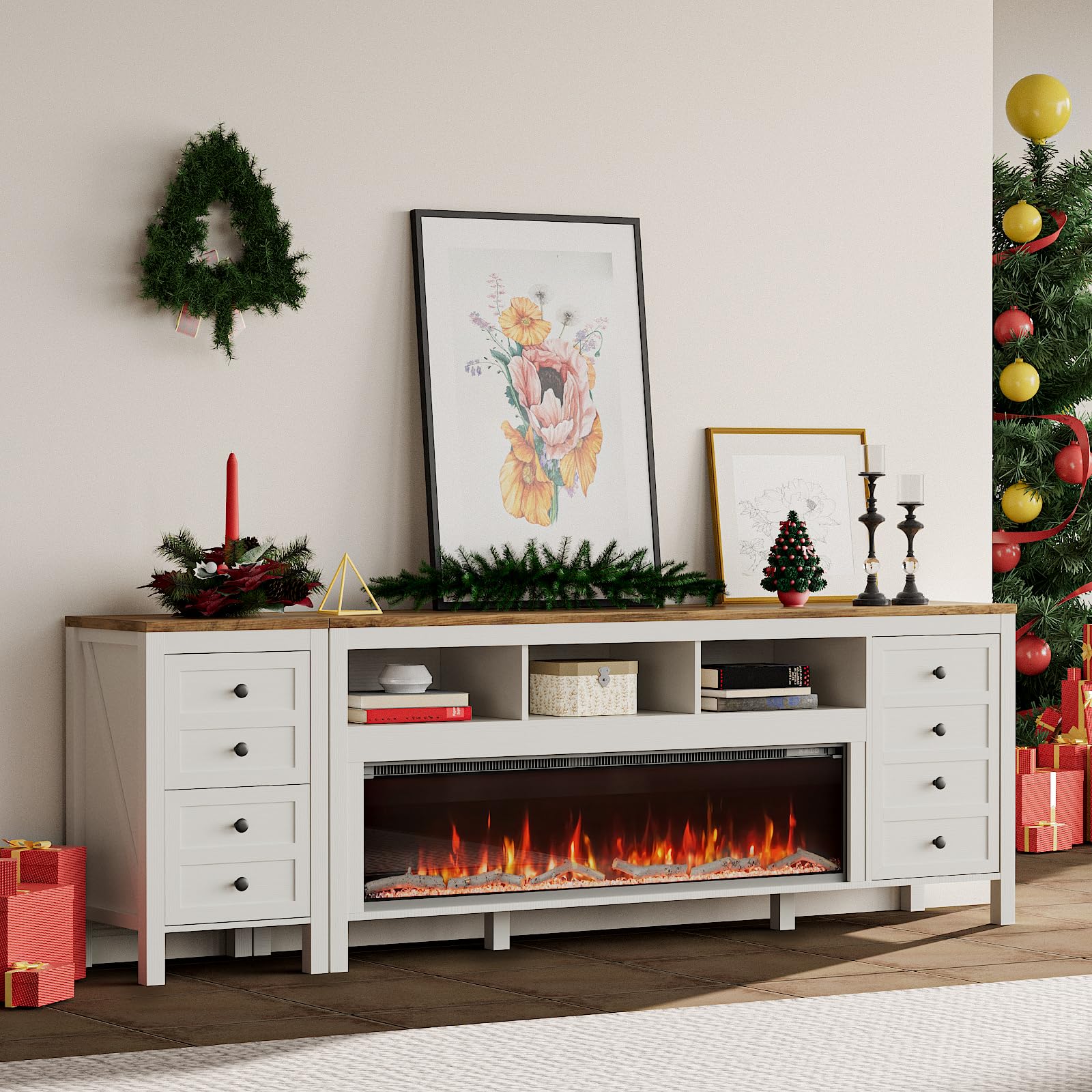 83 Inch Fireplace TV Stand with Electric Fireplace and Storage