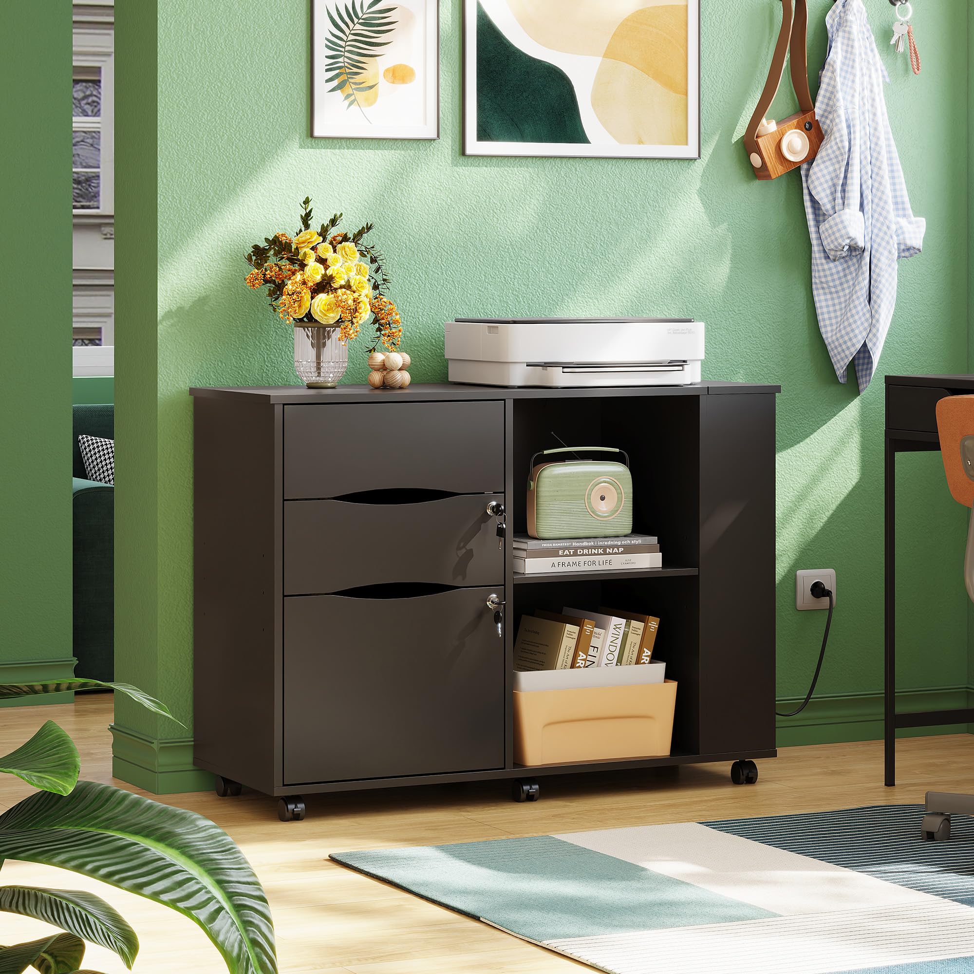 Mobile Filing Cabinet with Lock and Charging Station