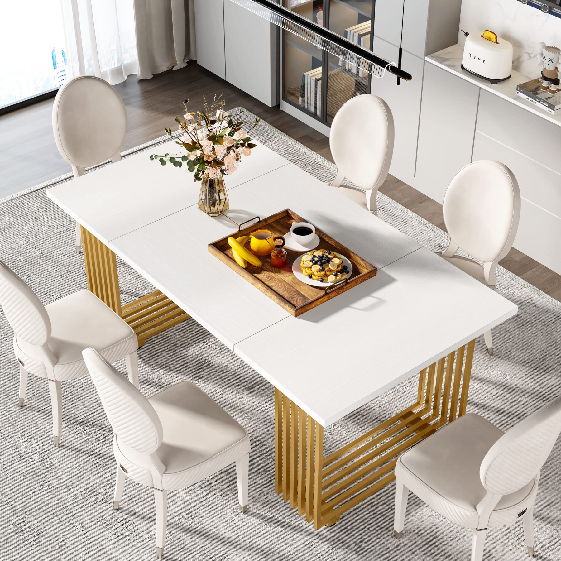 Modern Dining Table 70.8" White Gold Metal Legs